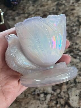 Degenhart Glass Hen Egg Cup Toothpick Holder Satin Opalescent Iridescent